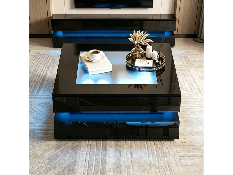  Table basse carrée avec 3 tiroirs et led, plateau en verre, finition brillante, noir, 70 × 70 × 35 cm  - Conforama C