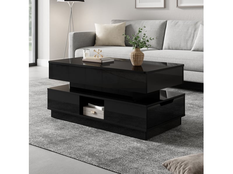  Table basse relevable avec tiroir, niches ouvertes, led et prise intégrée, finition brillante, mdf noir, 90 × 48 × 42,5 cm  - Conforama C