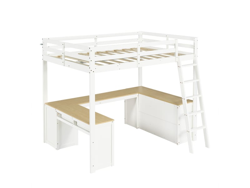  Lit mezzanine 140 × 200 cm avec bureau en u, 2 tiroirs et étagère, blancnaturel IKSETERA TRADING LTD - Conforama W