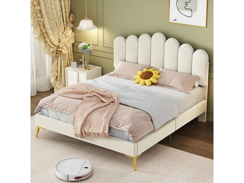  Lit capitonné en velours beige 140 x 200 cm  - Conforama E