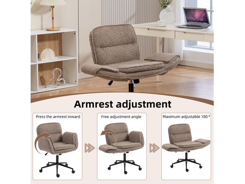  Chaise de bureau pivotante 60x48x81,3-91,8 cm, accoudoirs 5 niveaux, roulettes, dossier épais, teddy, fer, marron  - Conforama D