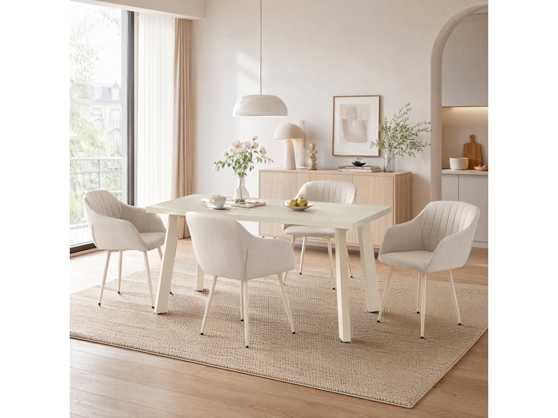  Ensemble table et 4 chaises - table rectangulaire 160x80 cm monobloc en travertin et pieds métal, 4 chaises en tissu beige et pieds en métal blanc  - Conforama B