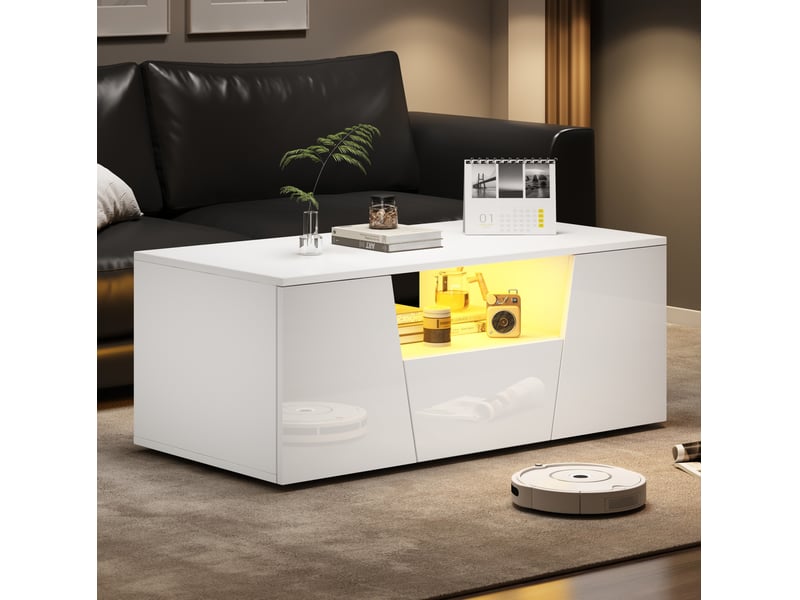  Table basse 100x50x40 cm led réglable, 2 portes 1 tiroir, design irrégulier, laquée, panneaux de particules, blanc  - Conforama E