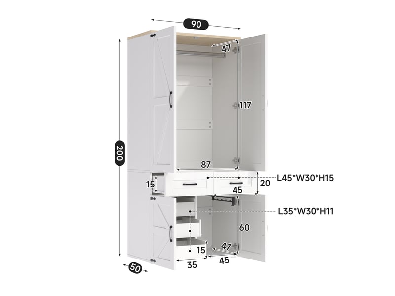 Armoire de chambre 90x50x200cm, dressing penderie avec 4 portes battantes et 5 tiroirs, avec double tringle, style campagne rustique, blanc - Conforama E