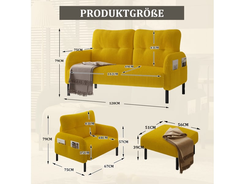 Ensemble canapé fauteuil et pouf modenvie 4 places en velours côtelé jaune - Conforama C