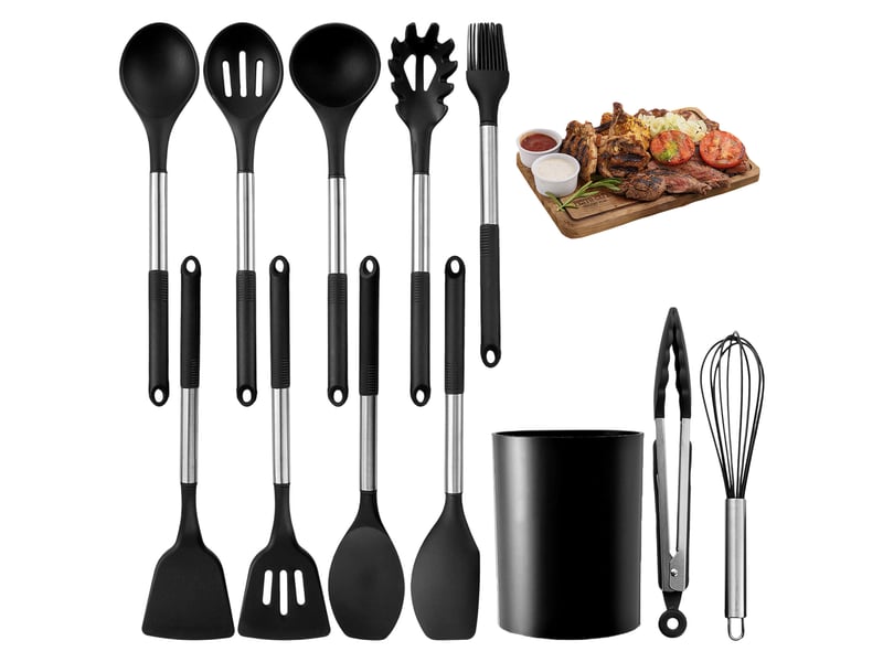  Set de 12 ustensiles de cuisine en silicone et acier inoxydable noir avec rangement chicfurn  - Conforama A