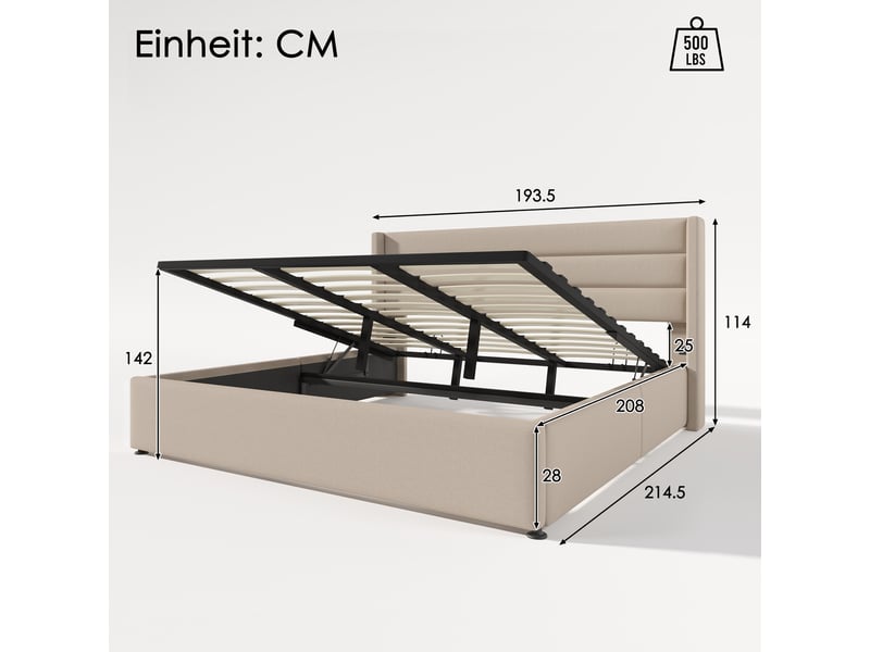  Lit coffre hydraulique 180x200 cm en lin avec rangement, lit double capitonné avec tête de lit rembourrée, sommier à lattes relevable, beige  - Conforama C
