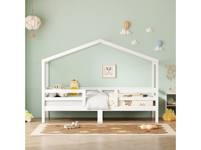  Lit enfant 90x200 cm blanc en pin massif avec toit sommier inclus et protection anti chute trois côtés Sol Morn - Conforama E