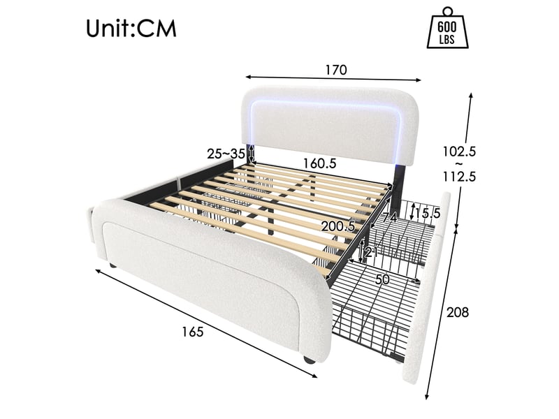  Lit tapissier 160x200 cm en sherpa avec usb type-c, led, 4 tiroirs, sommier et matelas blanc chicfurn  - Conforama C