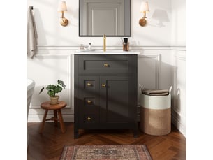 Meuble vasque noir brillant 61 cm avec 4 tiroirs, porte et étagères
