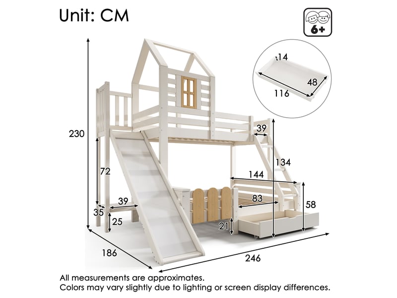  Lit superposé enfant 90x200 et 140x200 cm avec toboggan, tiroir et échelle  - Conforama C