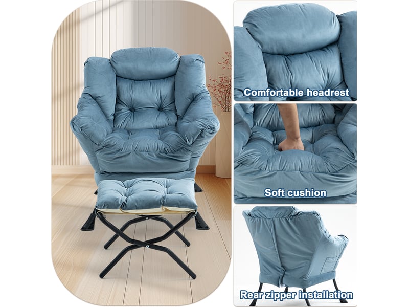  Fauteuil relax avec repose-pieds pliable et poche latérale en métal bleu clair  - Conforama D
