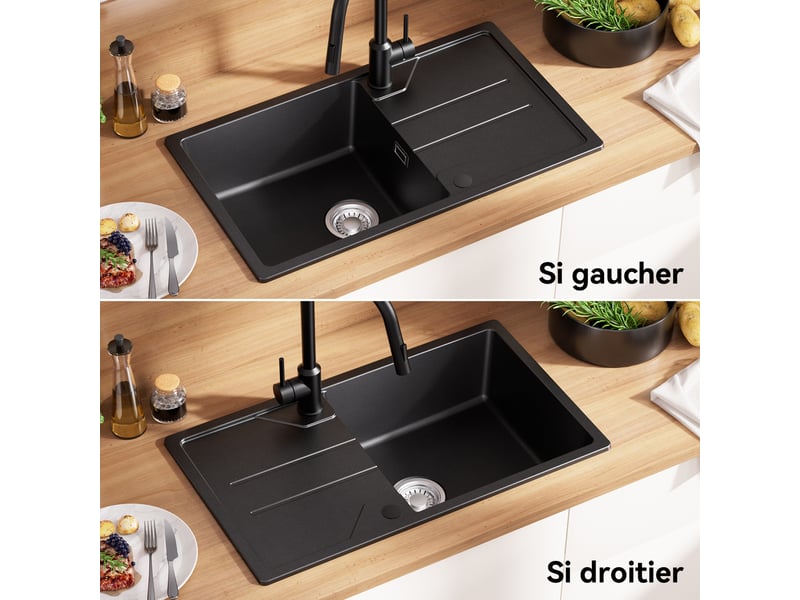 Derw max évier en granit pour cuisine 78x45 cm - évier simple - évier sous-plan anthracite - avec égouttoir et système d’évacuation - pour meuble de 60 cm - Conforama E