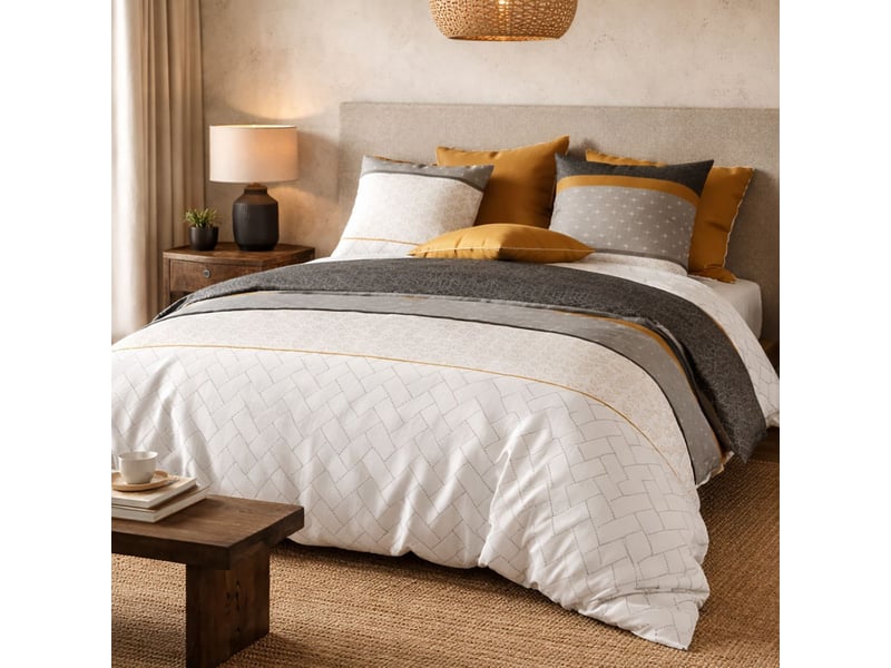  Parure housse de couette 260x240cm + 2 taies motif graphique blanc et gris 100% coton - lunelle LUNELLE - Conforama B