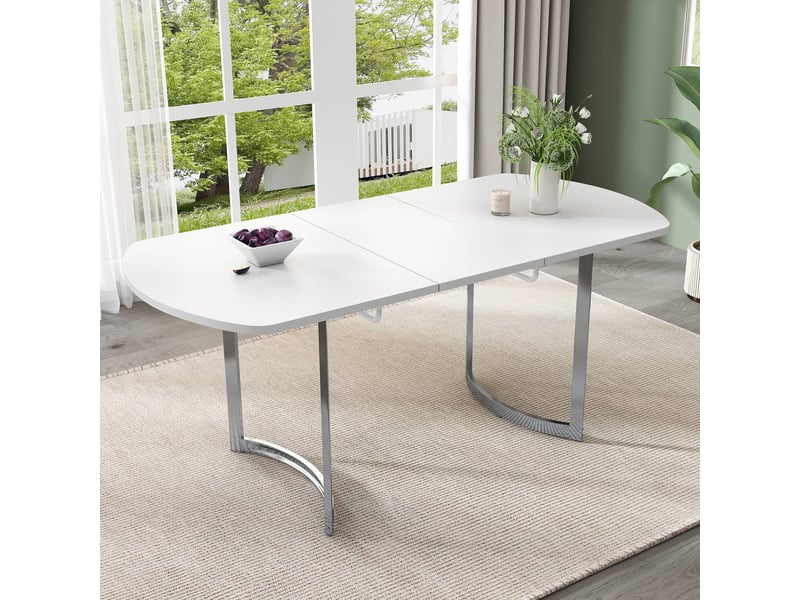 Table à manger extensible, 140-180 x 80 x 75 cm, pour 6-8 personnes, en mdf et métal, blanc et argenté - Conforama B