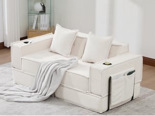 Canapé modulable 2 places gris convertible lit, mousse haute densité ergonomique, porte-gobelets, rangements, salon chambre bureau