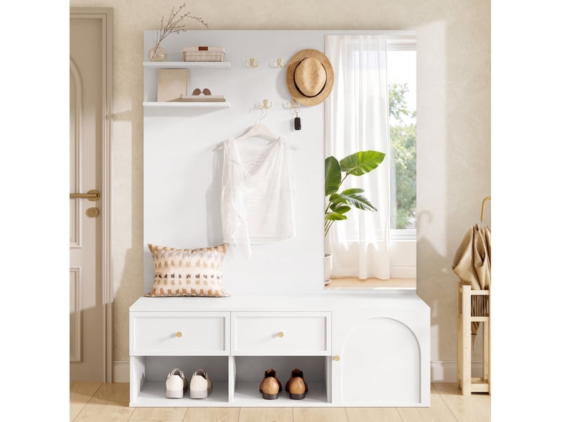  Meubles d'entrée avec miroir, 5 crochets, 2 tiroirs et rangement à chaussures pour couloir, blanc, 120 × 35 × 159 cm  - Conforama C