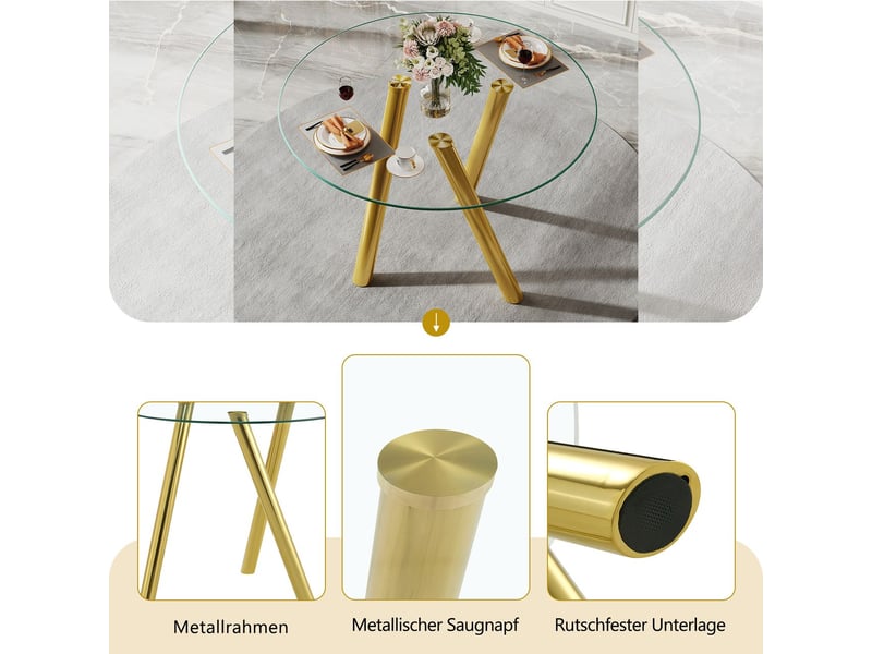  Table à manger 89 cm verre trempé table de salle à manger plateau rond pieds en métal doré robustes  - Conforama E