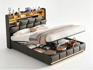 Lit coffre 140 x 190 cm avec tête de lit - led, recharge sans fil et rangement