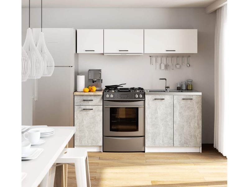  Ensemble de cuisine akord oliwia g1 blanc 180 cm 6 portes 1 tiroir façade béton 6 étagères 180x46x174 cm Oliwia G1 1.8M - Conforama D