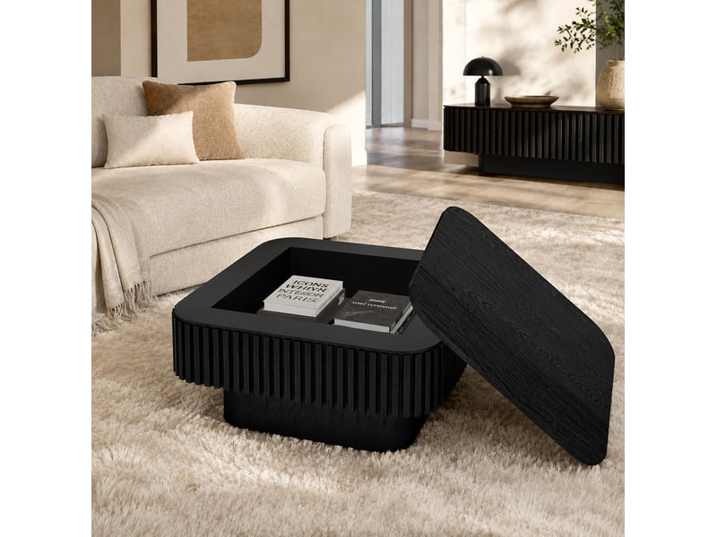  Table basse carrée avec plateau amovible et rangement caché, finition laquée noire, en mdf plaqué de bois, 75 × 75 × 35 cm  - Conforama D
