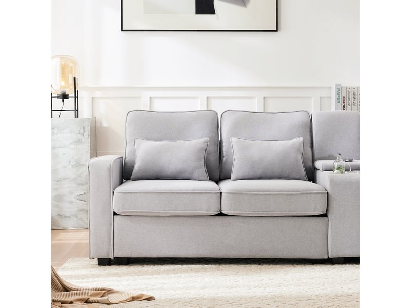 Canapé en lin moderne avec console centrale, porte-gobelets, ports usb, poches de rangement et 4 coussins-gris clair - Conforama R
