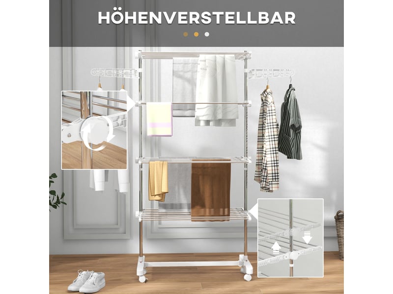 Étendoir à linge mobile, pliable à 4 niveaux, avec roulettes, système de verrouillage, rallonges latérales, abs, blanc  - Conforama W