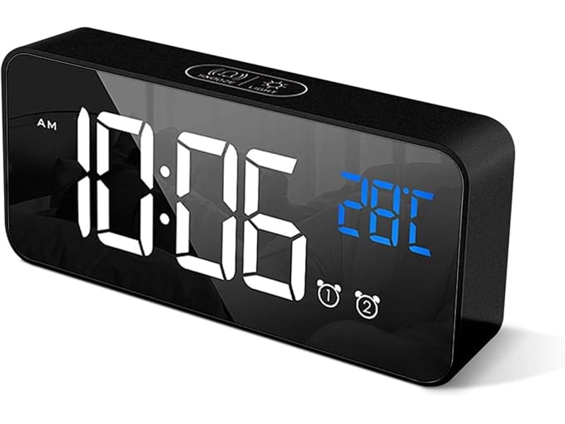 Réveil numérique avec grand affichage de la température led, alarme de miroir portable avec double alarme roupillon temps gradateur(noir) - Conforama A