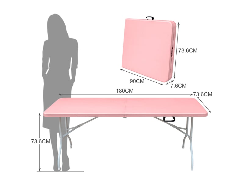  180cm portable heavy duty folding table with handle, foldable table, multi-functional fold up table for camping picnic parties indooroutdoor, capacity weight 135kg (pink)  - Conforama C