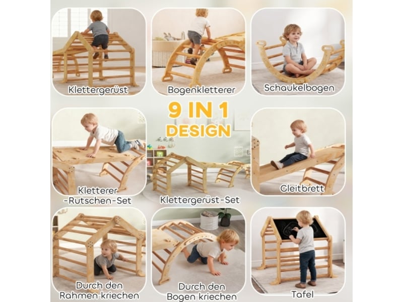  Structure d’escalade enfant 9 en 1 en bois, rampe, toboggan, échelle et tableau, intérieur, tout-petit  - Conforama B