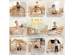 Structure d’escalade enfant 9 en 1 en bois, rampe, toboggan, échelle et tableau, intérieur, tout-petit