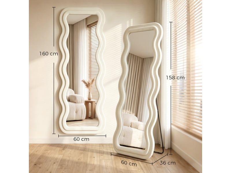  Miroir pleine longueur 160 x 60 cm, cadre effet velours et verre trempé, miroir ondulé sur pied ou mural, crème  - Conforama C
