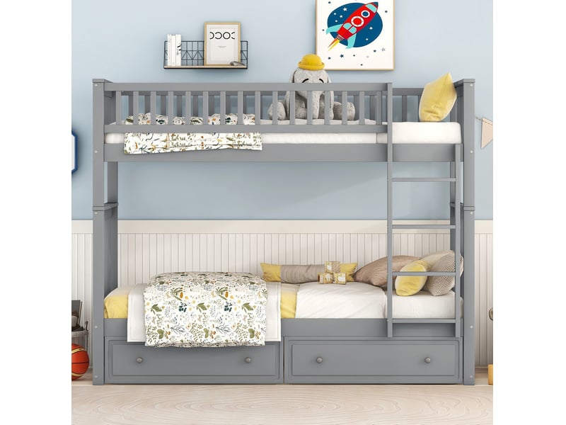 Modenvie lit superposé enfant 90x200 cm - convertible en 2 lits avec 2 tiroirs - pour chambre d'enfant - gris - Conforama E