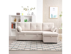 Canapé d'angle convertible réversible en velours côtelé beige avec rangement 206 x 108 x 66-88 cm pour salon