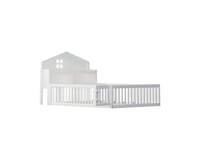  Lit enfant cabane avec rangements, bois massif blanc, 140x200 cm, barrières, porte et étagères  - Conforama D