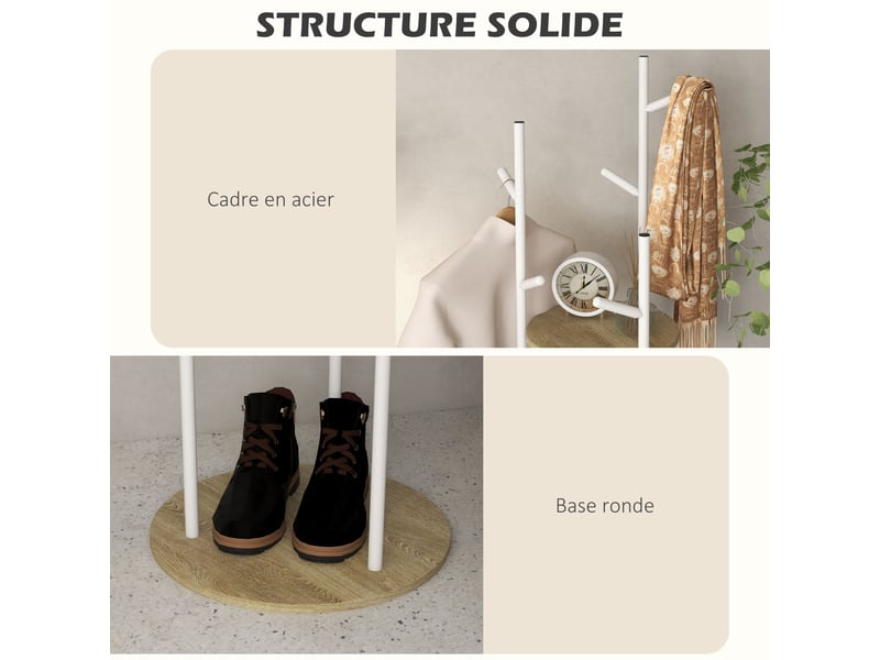  Porte-manteaux sur pied meuble d'entrée en acier avec 9 crochets et 2 rondes étagères  40 x 167 cm naturel et blanc  - Conforama R