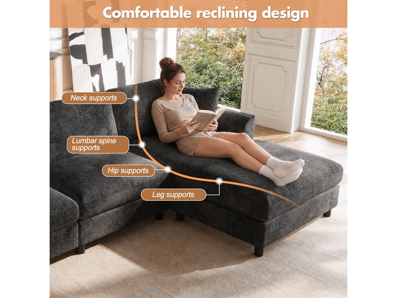  Canapé d'angle 3 places en tissu chenille gris, 256×137×79 cm, méridienne réversible, assise large 90 cm, sans montage  - Conforama E