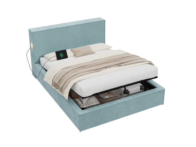  Lit coffre enfant capitonné en velours bleu 140x200 cm, sommier hydraulique  - Conforama E