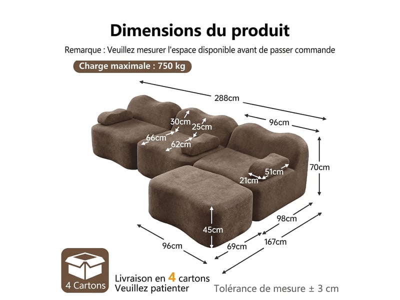Canapé d'angle modulable 3 places en velours marron - assise profonde 288 cm avec ottoman - Conforama C