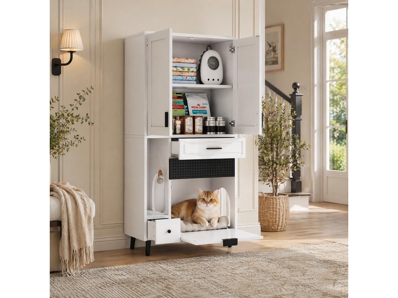  Armoire de rangement pour félins 80x40x161 cm avec étagères réglables, blanche  - Conforama B