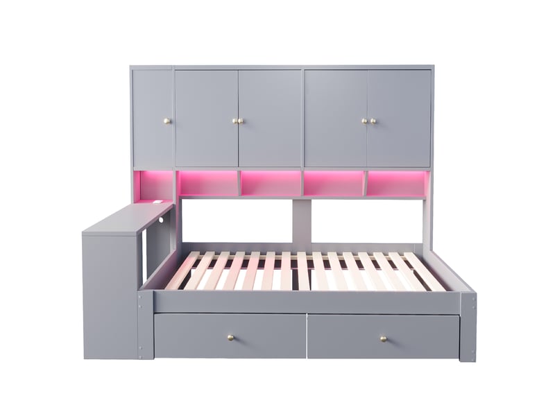 Lit multifonction 90x200 cm gris avec bureau, rangements, led et prises - Conforama A
