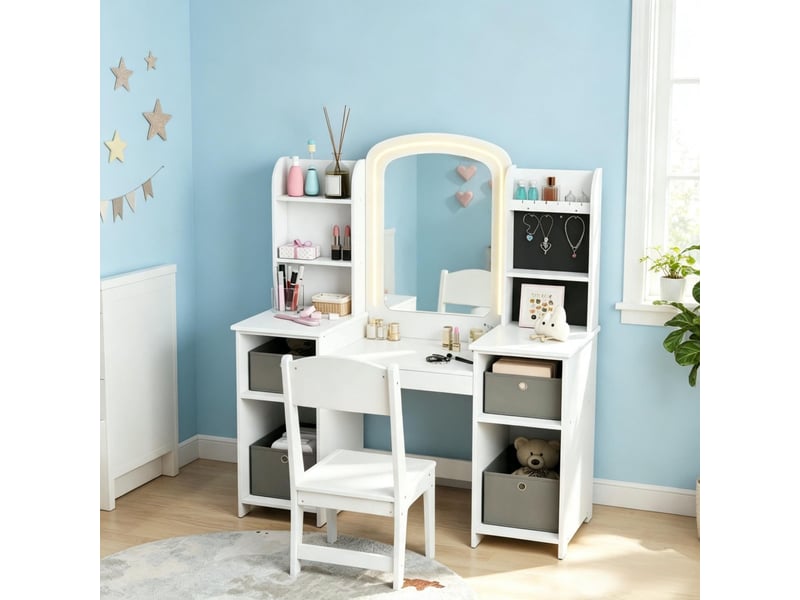  Coiffeuse enfant avec miroir led 2 couleurs 104x40x112 cm-tabouret-6 étagères-4 tiroirs tissu-mdf-blanc-3 à 8 ans  - Conforama D