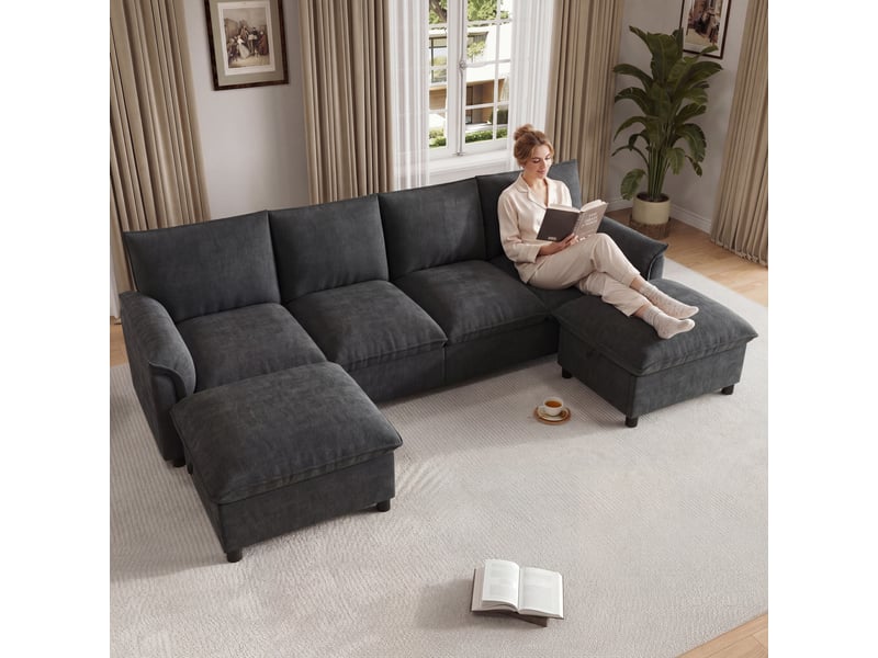 Canapé d'angle modulaire en u, assise profonde, 2 repose, pieds amovibles, mousse haute densité, dossier haut 43cm, chenille noir - Conforama R