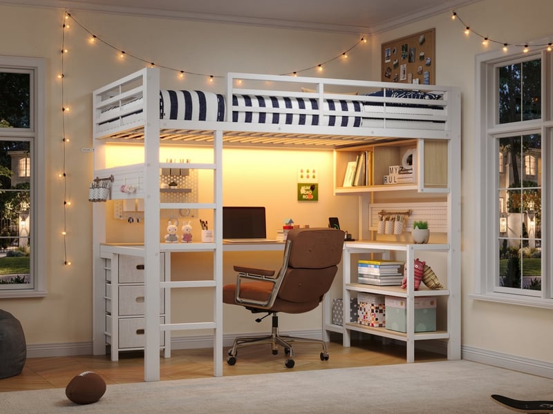  Lit mezzanine en métal, 140 x 200 cm, avec tiroirs, bureau, étagères, panneau perforé, éclairage led et ports usb, blanc  - Conforama B