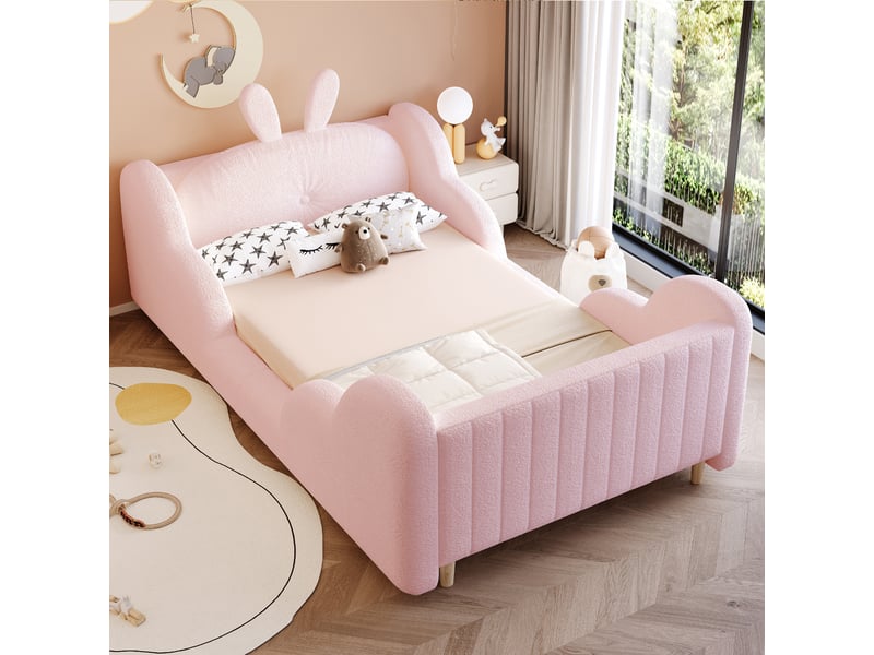  Lit enfant rose 90 x 200 cm avec coussin forme lapin barrières latérales nuages en peluche teddy doux et confortable idéal pour chambre BUYDEEMEUS - Conforama B