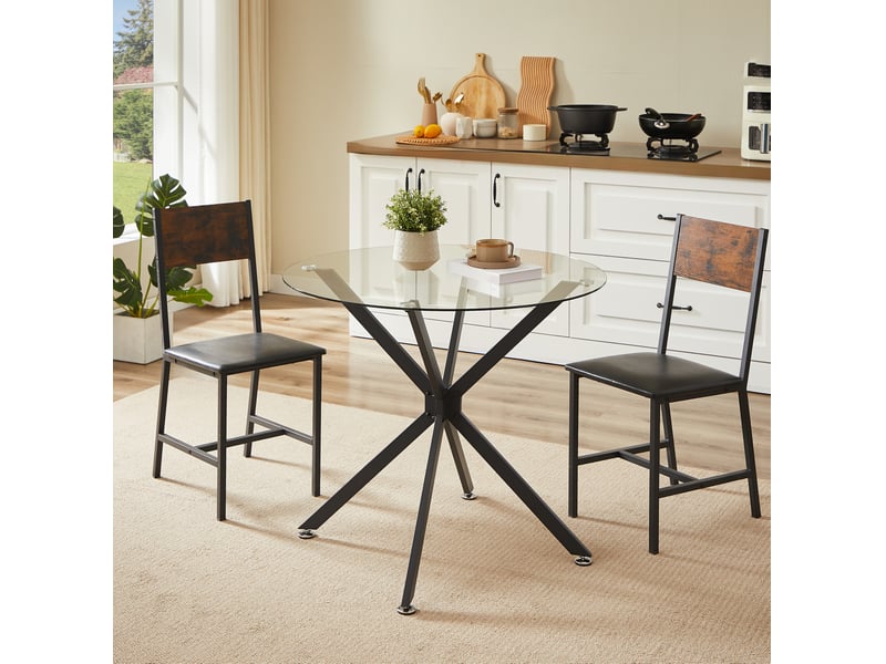  Table de salle à manger ronde pour 1 à 4 personnes avec plateau en verre trempé et pieds métalliques noirs 80 cm  - Conforama B