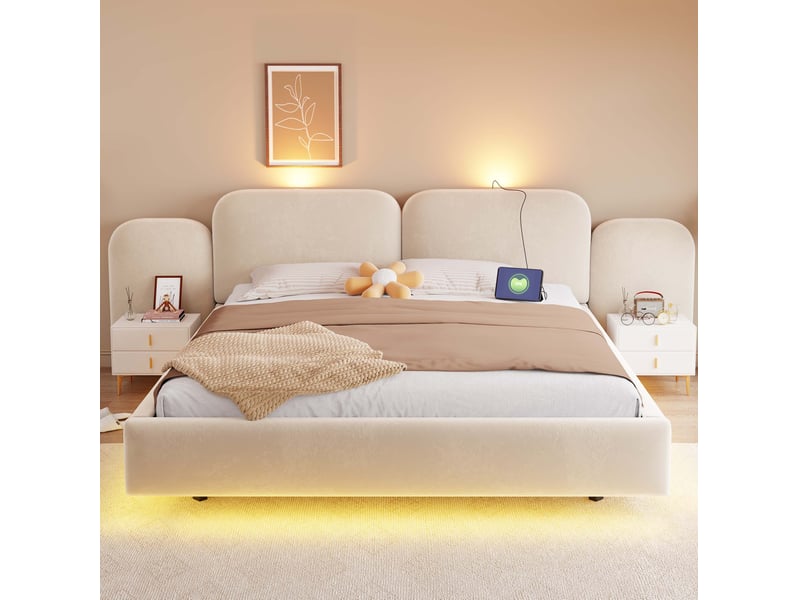  Lit coffre 180x200 cm avec éclairage led et prises de charge couleur beige sans matelas, modules intégrés comprennent  - Conforama D
