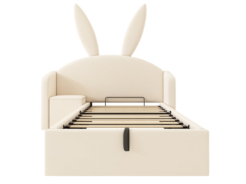  Lit coffre hydraulique 90 x 200 cm en velours beige avec sommier à lattes et chevet réversible  - Conforama A