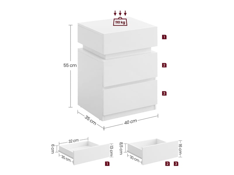 Table de chevet moderne avec éclairage led réglable 33,5 x 40 x 55 cm en bois blanc 12_0010331  - Conforama B