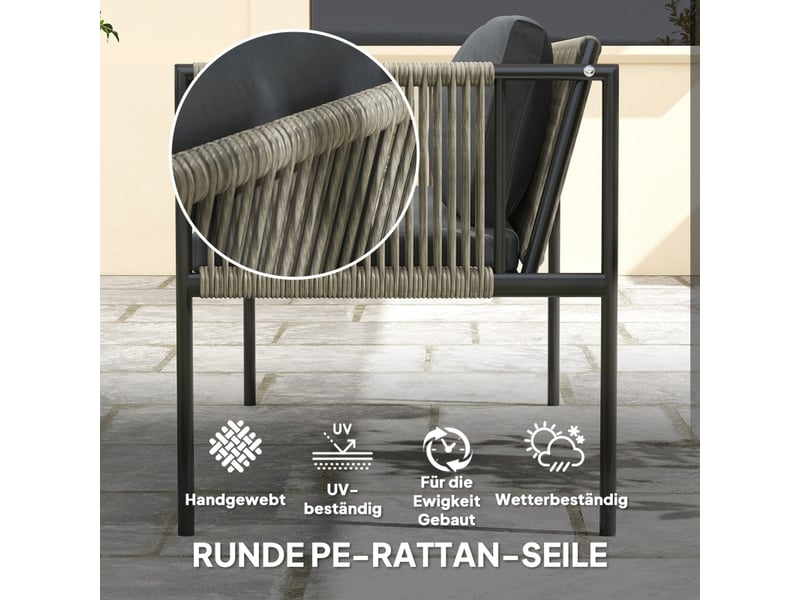 Salon de jardin avec 2 fauteuils, 1 canapé 2 places, 1 table basse et 7 coussins, rotin, acier et tissu gris - Conforama E